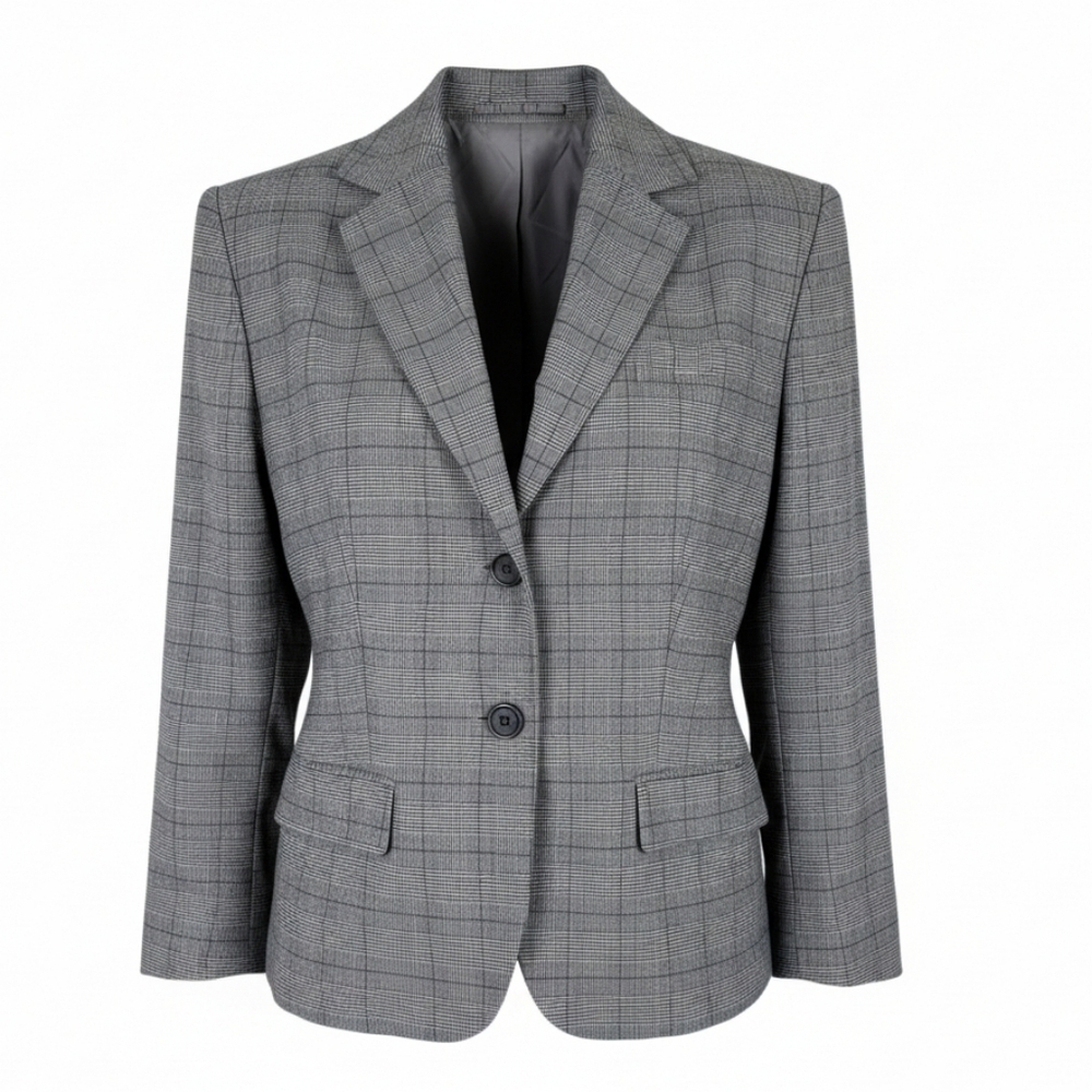 Tahari ASL Blazer Size 10 Gray Black Purple Glen Plaid Flap Pockets 2 Button
